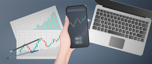 a hand holds a phone with a growth graph. blanks with business charts, uptrend line graph, histogram and bull market stock numbers. analyst or trader's workplace. vector.