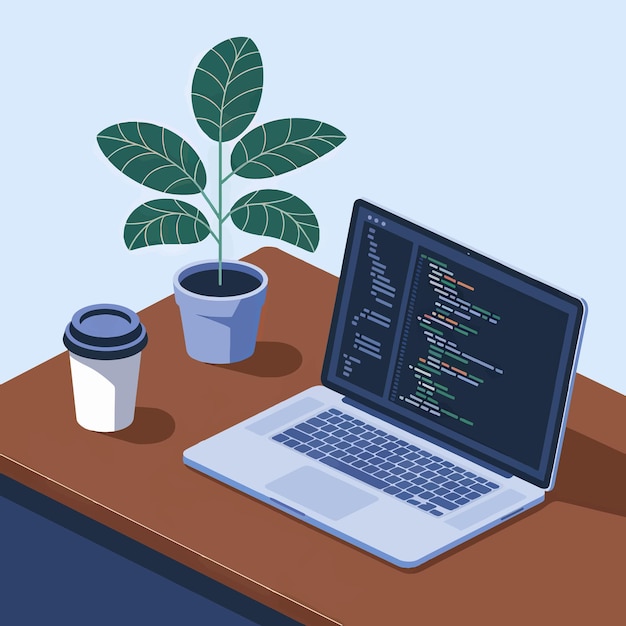 a laptop with a plant on the screen and a cup of coffee