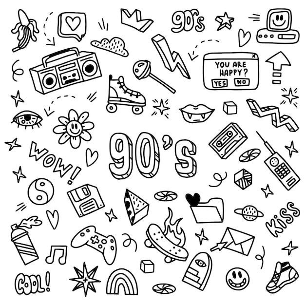 A large set of doodle drawings by hand. Sketches in the style of the 90s. 1990, cassette, videos, ta