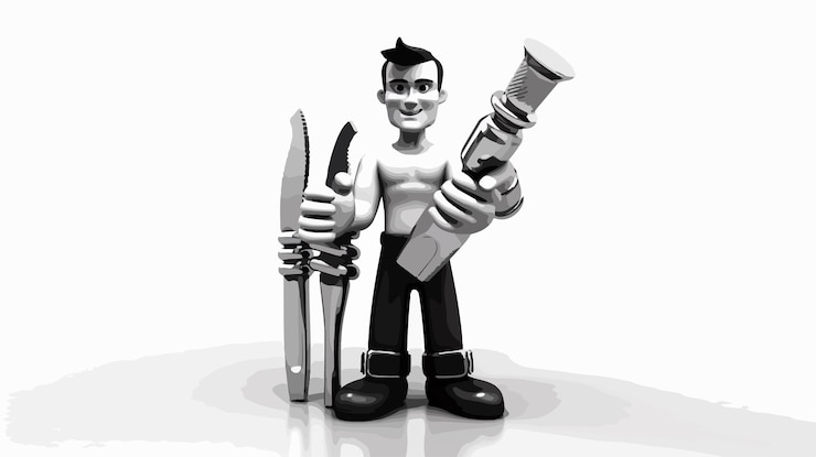 Vektör a lego man holding a knife and a pair of knives