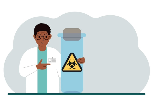 A male doctor or scientist is holding a test tube with a biohazard or virus warning label on it Biological hazard