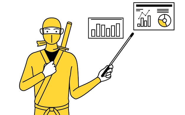 A man dressed up as a ninja analyzing a performance graph