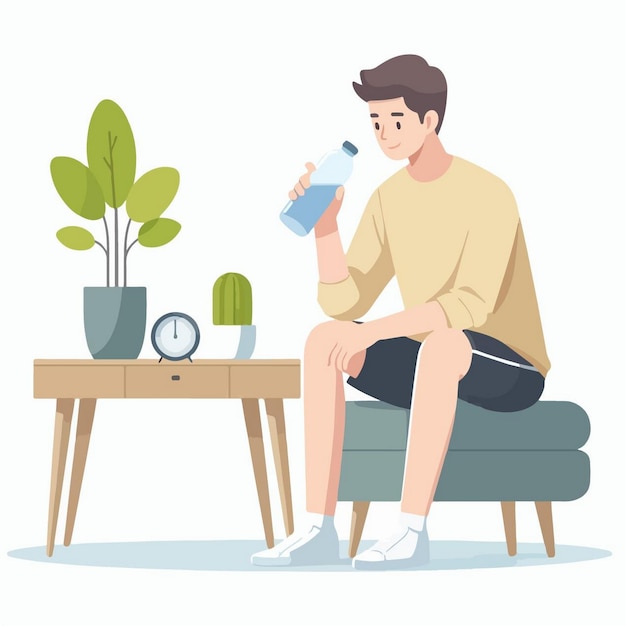 a man drinking from a bottle of water while sitting on a chair