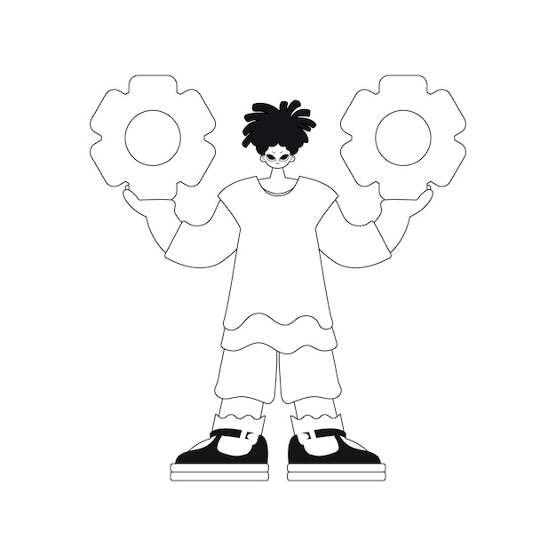 a man grips gears, linear pattern. vector picture.