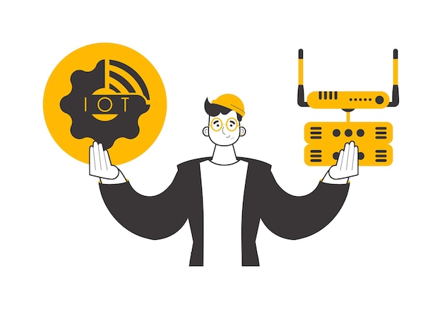 A man holds the IOT logo in his hands Lineart style Isolated Vector