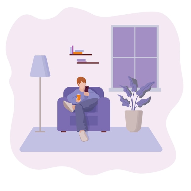 A man in a chair with a smartphone and coffee vector illustration