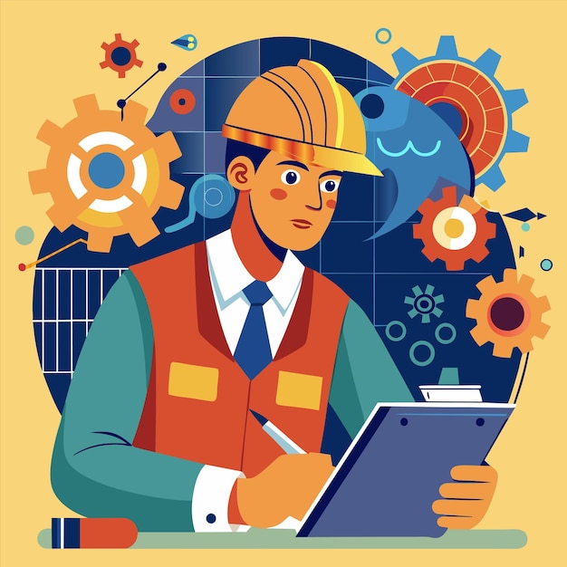 a man in a construction vest is working on a laptop