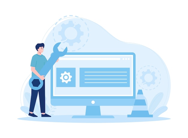 A man is checking a device for repairs trending concept flat illustration