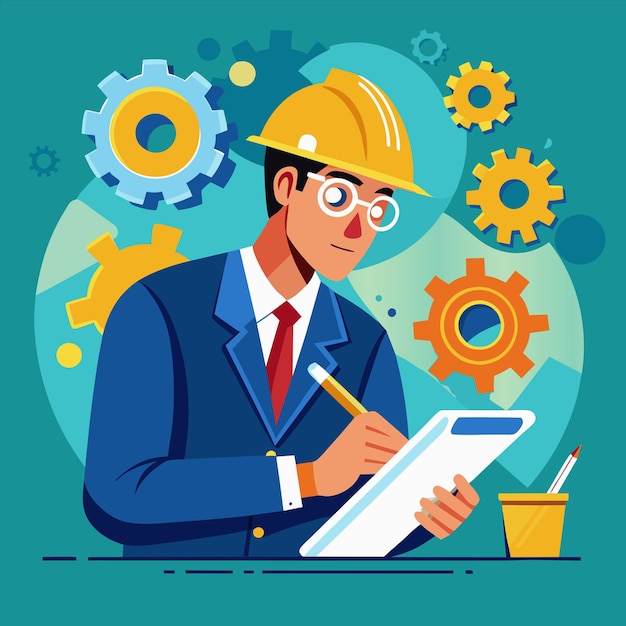 a man is drawing with a yellow hard hat and a blue background with gears and gears