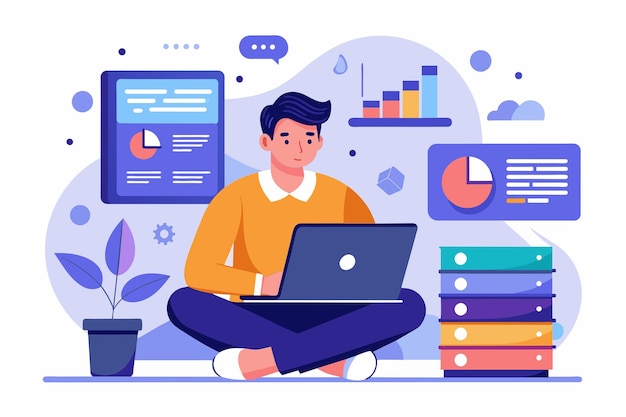 a man is seated on the floor working on a laptop a man managing data on a laptop simple and minimalist flat vector illustration
