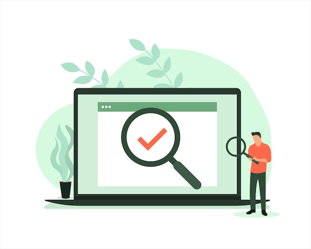 a man looks at a computer screen with a magnifying glass that says checklist.
