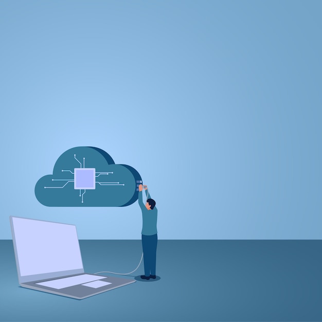 A man plugs a laptops usb cable into cloud storage illustration for cloud computing
