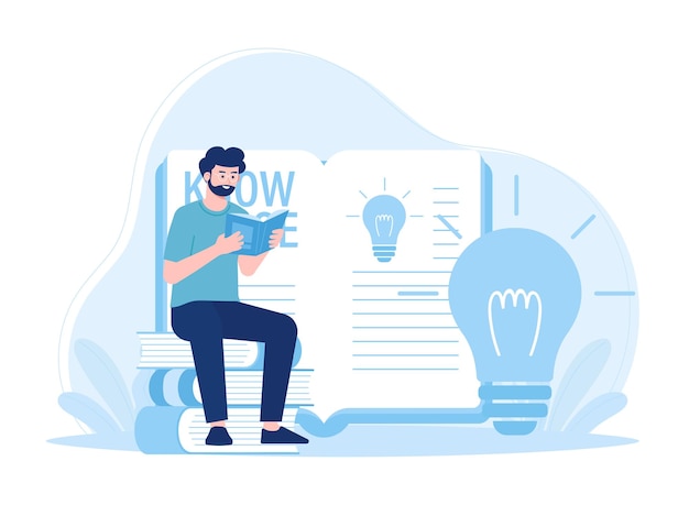 A man reading a book and browsing trending concept flat illustration