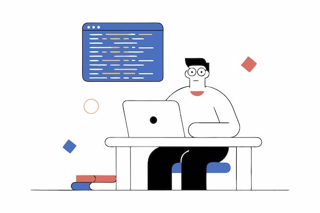 a man sits at a desk with a laptop and a blue screen behind him