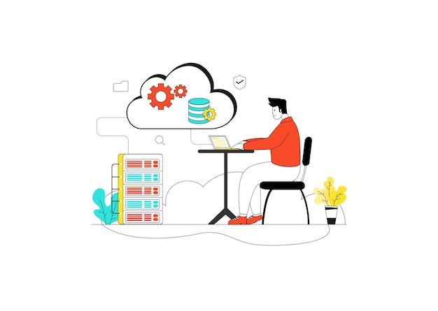 A man sits at a table with a laptop and the words data center