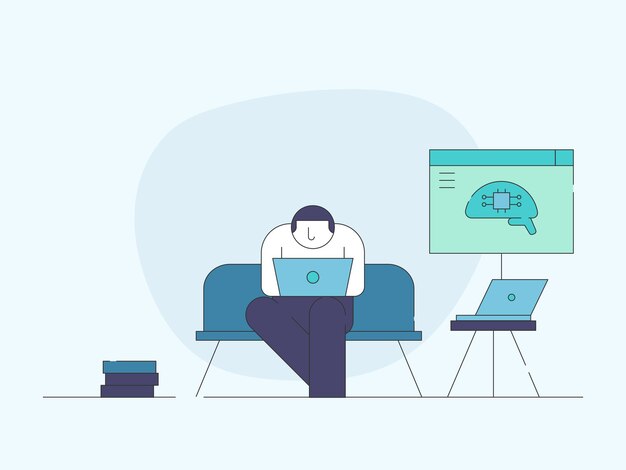 a man sits in a chair with a laptop and a monitor with the word brain on it