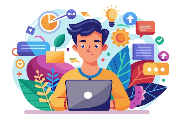 a man sits in front of a colorful background with a man working on a laptop
