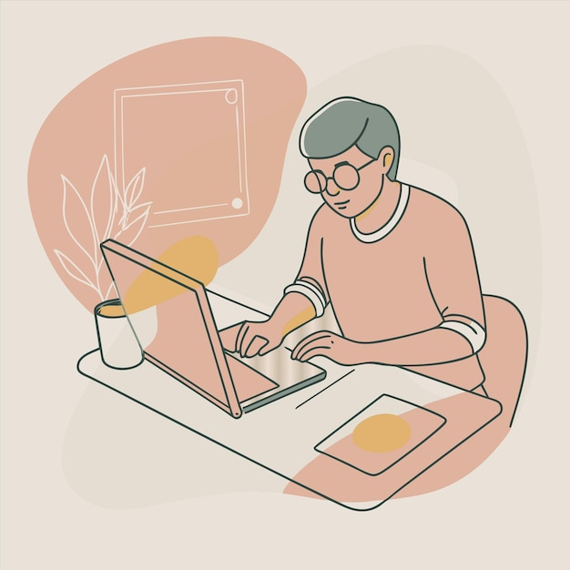 a man sits on a laptop and works on a computer