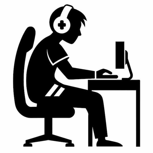 a man sitting at a computer with a white background and a computer monitor with a cross on it