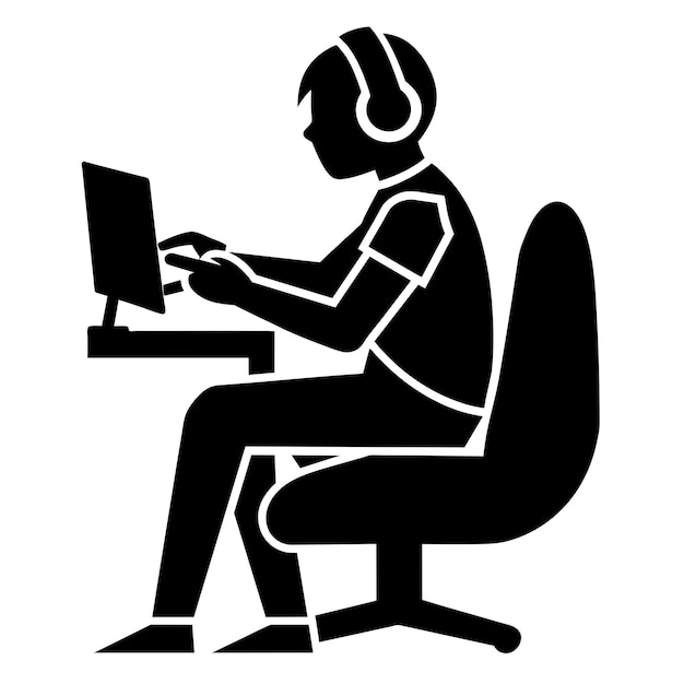 a man sitting in an office chair with a computer and a computer mouse