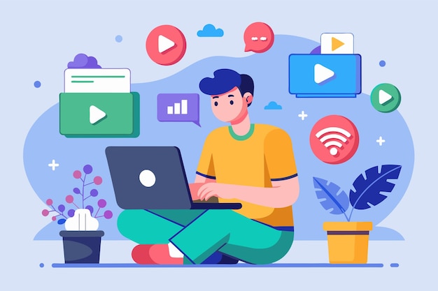 A man sitting on the floor while using a laptop to work or browse the internet The content creator is uploading a video trending Simple and minimalist flat Vector Illustration