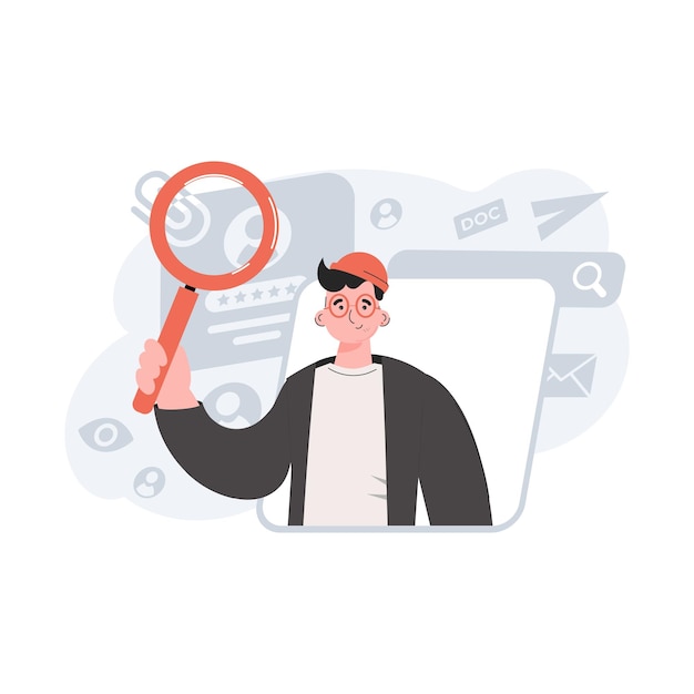 a man stands waistdeep and holds a magnifying glass in his hands human resources element for presentations sites