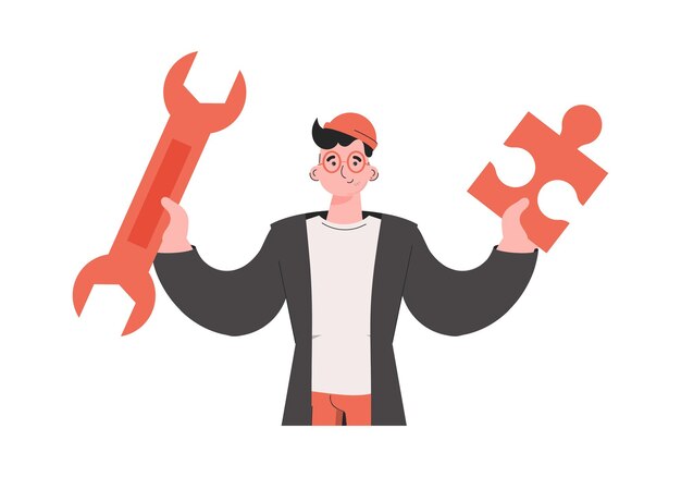 A man stands waistdeep and holds a wrench in his hands Isolated Element for presentations sites