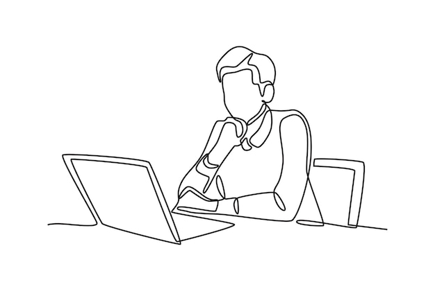 a man who is thinking while propping his chin in front of a laptop oneline drawing