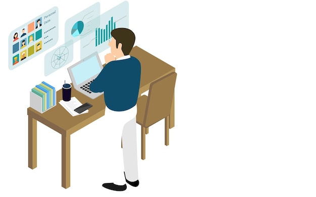 A man who puts his hand on his chin and thinks about work isometric
