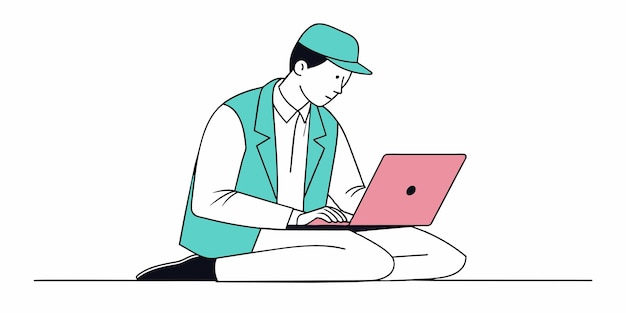a man with a hat on and a laptop on his lap