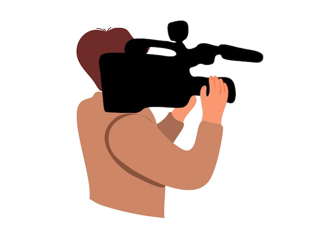 A man with a video camera on his face is holding a camera videographer