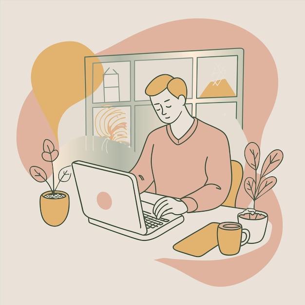 a man working on a laptop with a mug of coffee