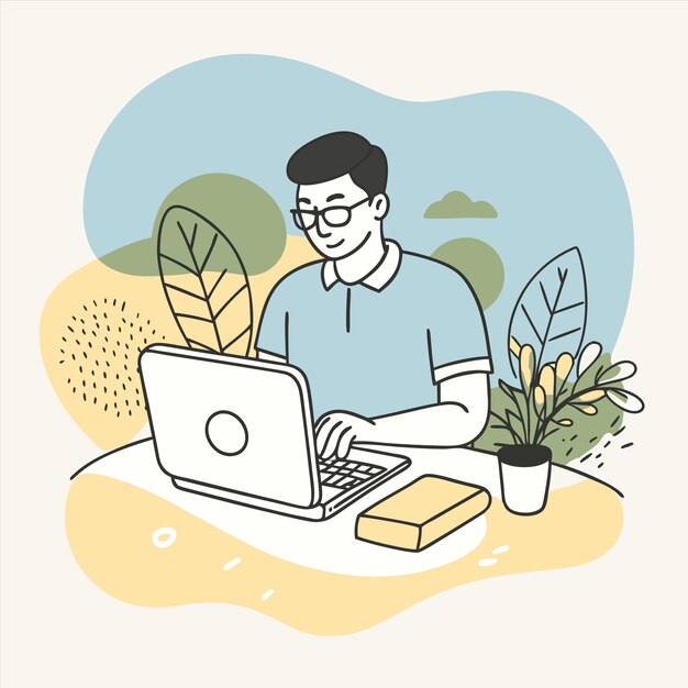 a man working on a laptop with a plant in the background