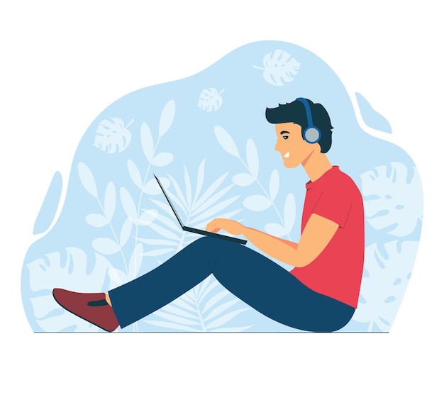 a man works with a laptop. freelancer at work remotely. chatting online with friends and colleagues.