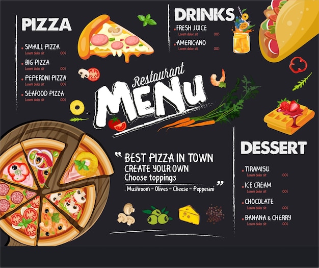 a menu for pizza and drinks with a picture of a menu for the menu template