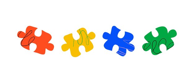 A minimalist doodle composition of puzzle pieces of various colors and patterns