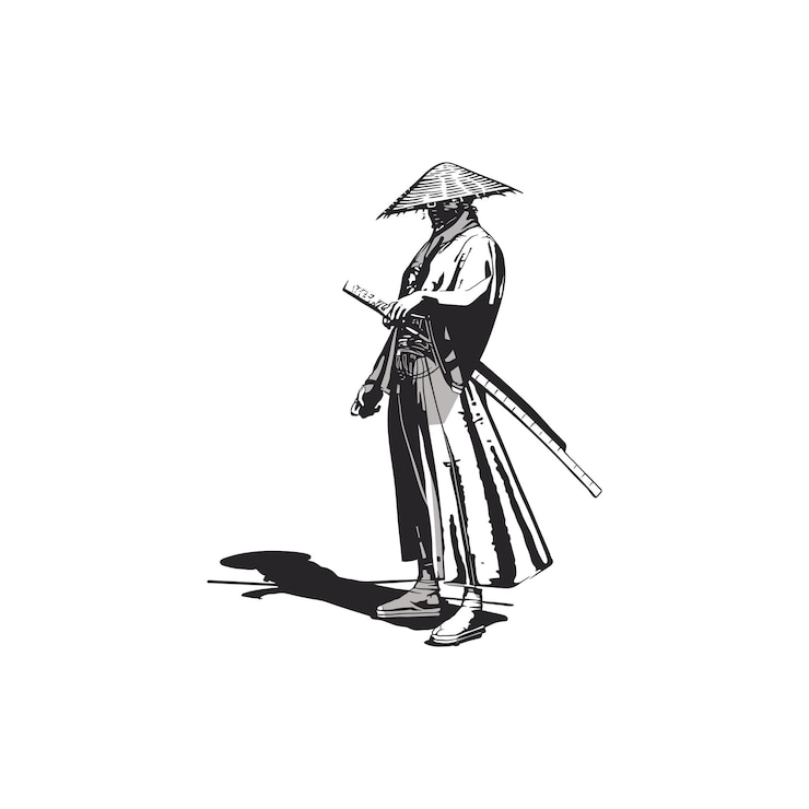 Vektör a minimalist ink drawing of a samurai warrior standing in profile