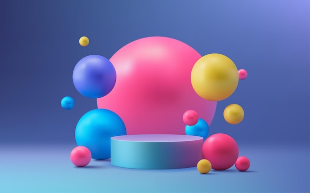 A modern 3D podium with colorful neon balls on a vibrant background