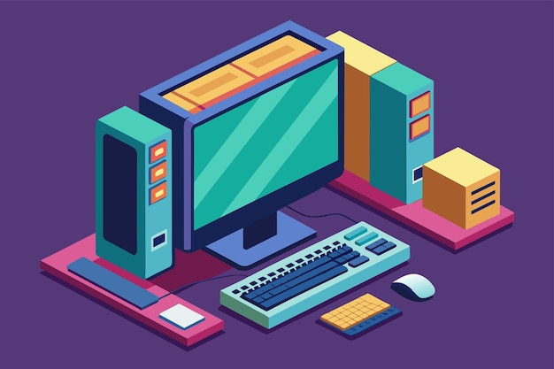 A modern desktop computer with a keyboard mouse and monitor set up for use Modern desktop computer Customizable Isometric Illustration