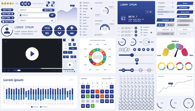 A modern interface kit with buttons graphs and elements for creating web applications and dashboards ideal for business statistics and finance