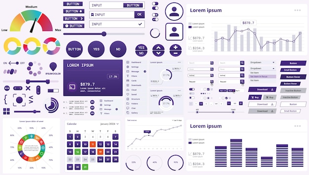 A modern interface kit with buttons graphs and elements for creating web applications and dashboards ideal for business statistics and finance