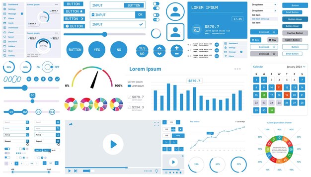 A modern interface kit with buttons graphs and elements for creating web applications and dashboards