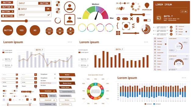 A modern interface kit with buttons graphs and elements for creating web applications and dashboards