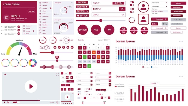 A modern interface kit with buttons graphs and elements for creating web applications and dashboards