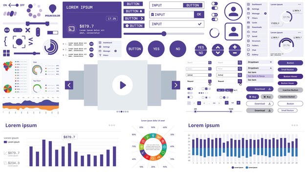 A modern interface kit with buttons graphs and elements for creating web applications and dashboards
