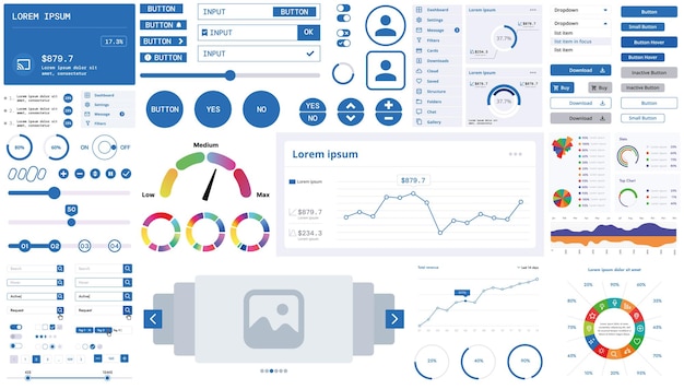 A modern interface kit with buttons graphs and elements for creating web applications and dashboards