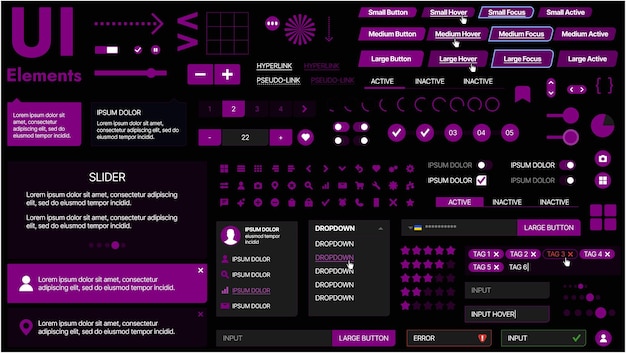 A modern UI kit featuring a collection of buttons icons navigation menus and responsive design elements Includes login forms media players search bars and calendars ideal for apps websites