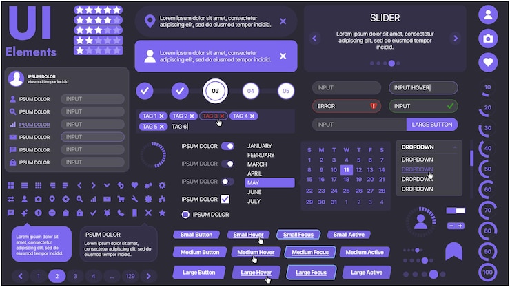 Vektor a modern ui kit featuring a collection of buttons icons navigation menus and responsive design elements includes login forms media players search bars and calendars ideal for apps websites