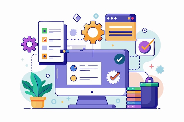 A modern workspace with a computer displaying coding elements gears and checklists for pull request customization Pull request Customizable Semi Flat Illustration