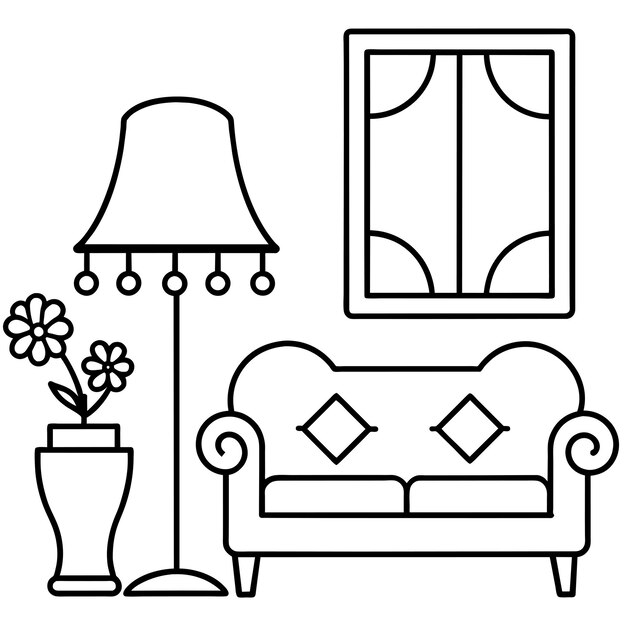 a painting of a couch and a vase with flowers in it